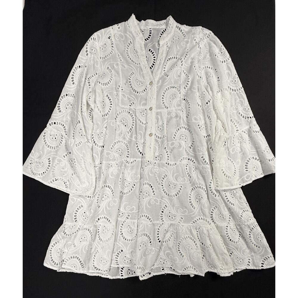 MALYNA White Lace Eyelet Tiered Flower V Neck Loose Short Dress Sz XL 10% cotton - Picture 2 of 14